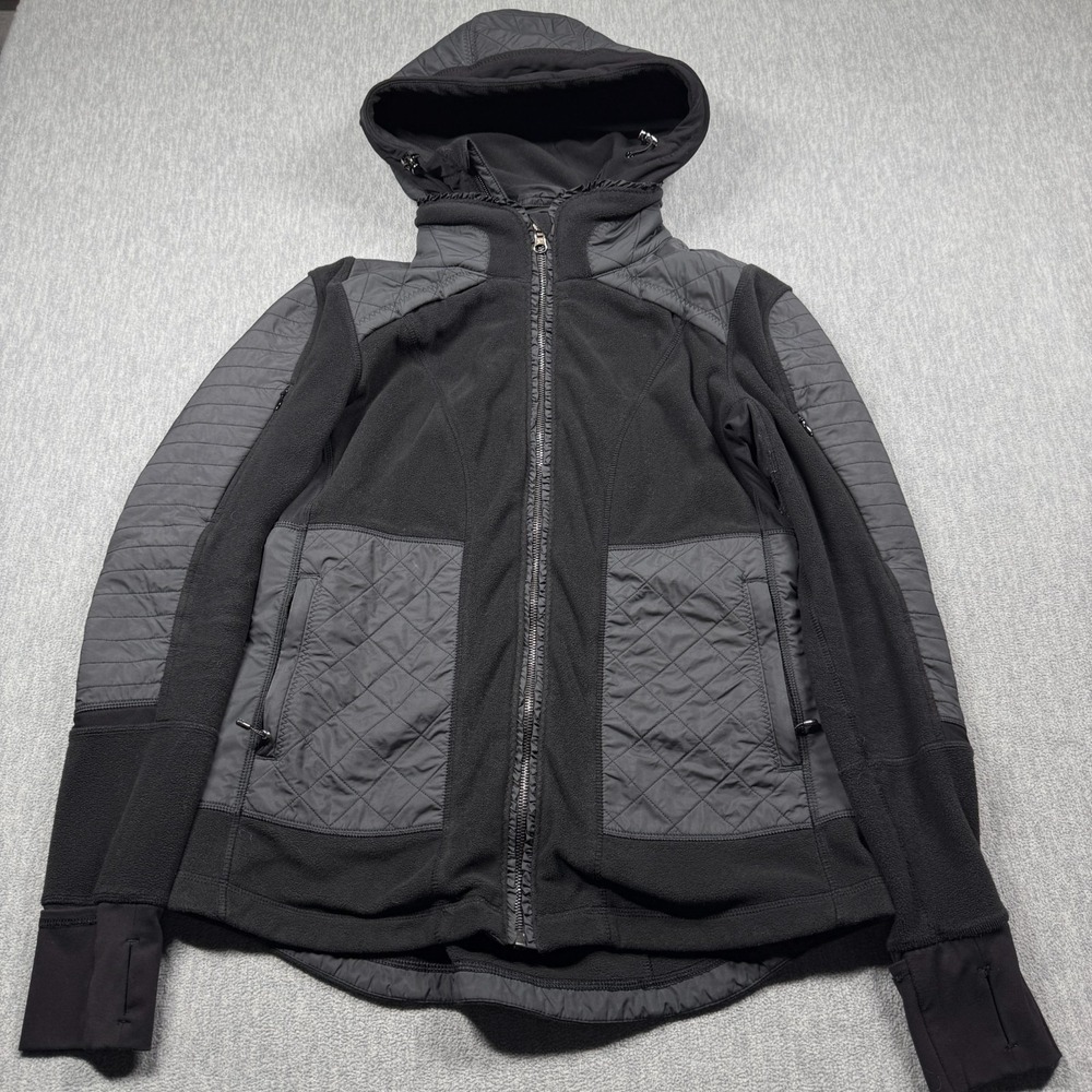 Lululemon Jacket Womens 10 Black Fleece Quilted Panel Full Zip Running Hiking